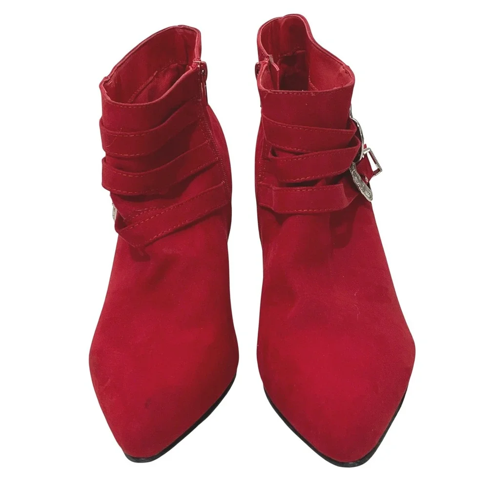 Red Faux Suede Western Ankle Boots Womens Size 10 Cowgirl Rodeo Boho Bootie Bold